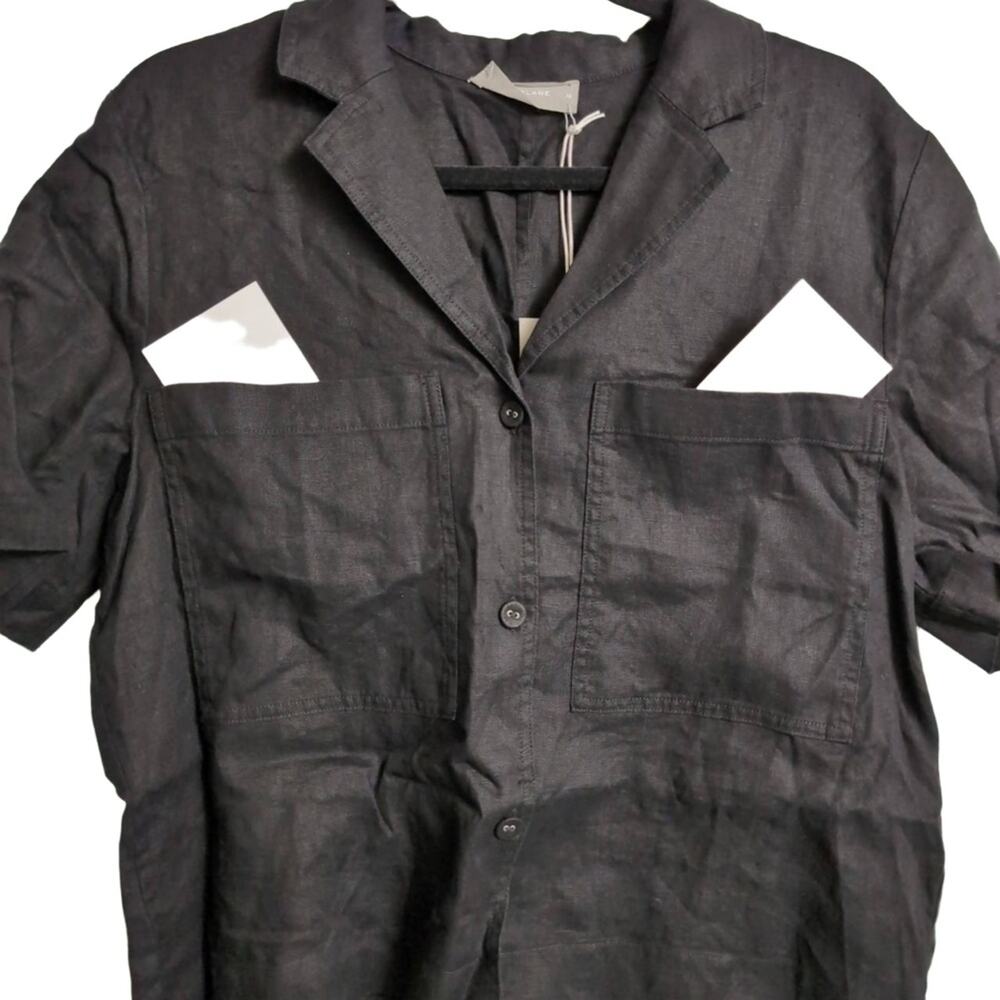 NWT Everlane Black Linen Short Sleeve Notch Shirt Pockets Button Up Shirt M - Picture 2 of 9